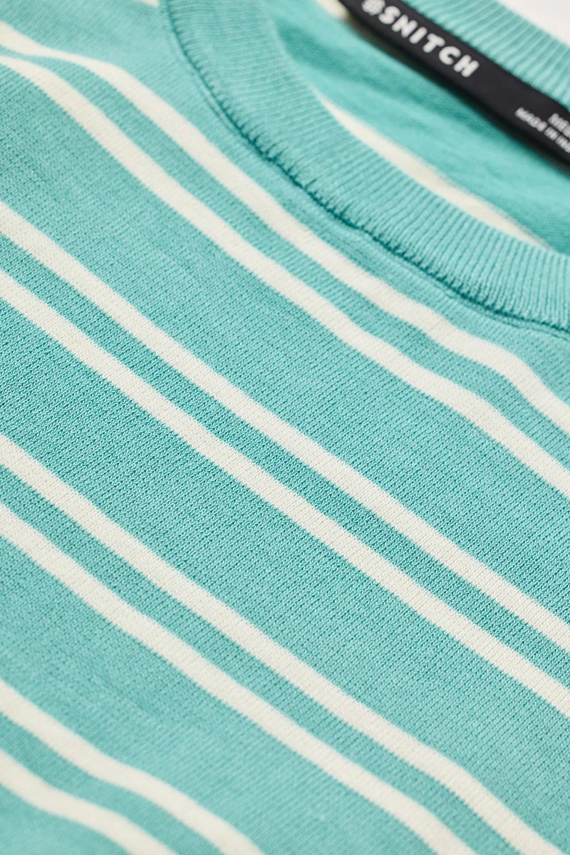 SNITCH Turquoise Stripes Slim Fit Crew Neck T-Shirt